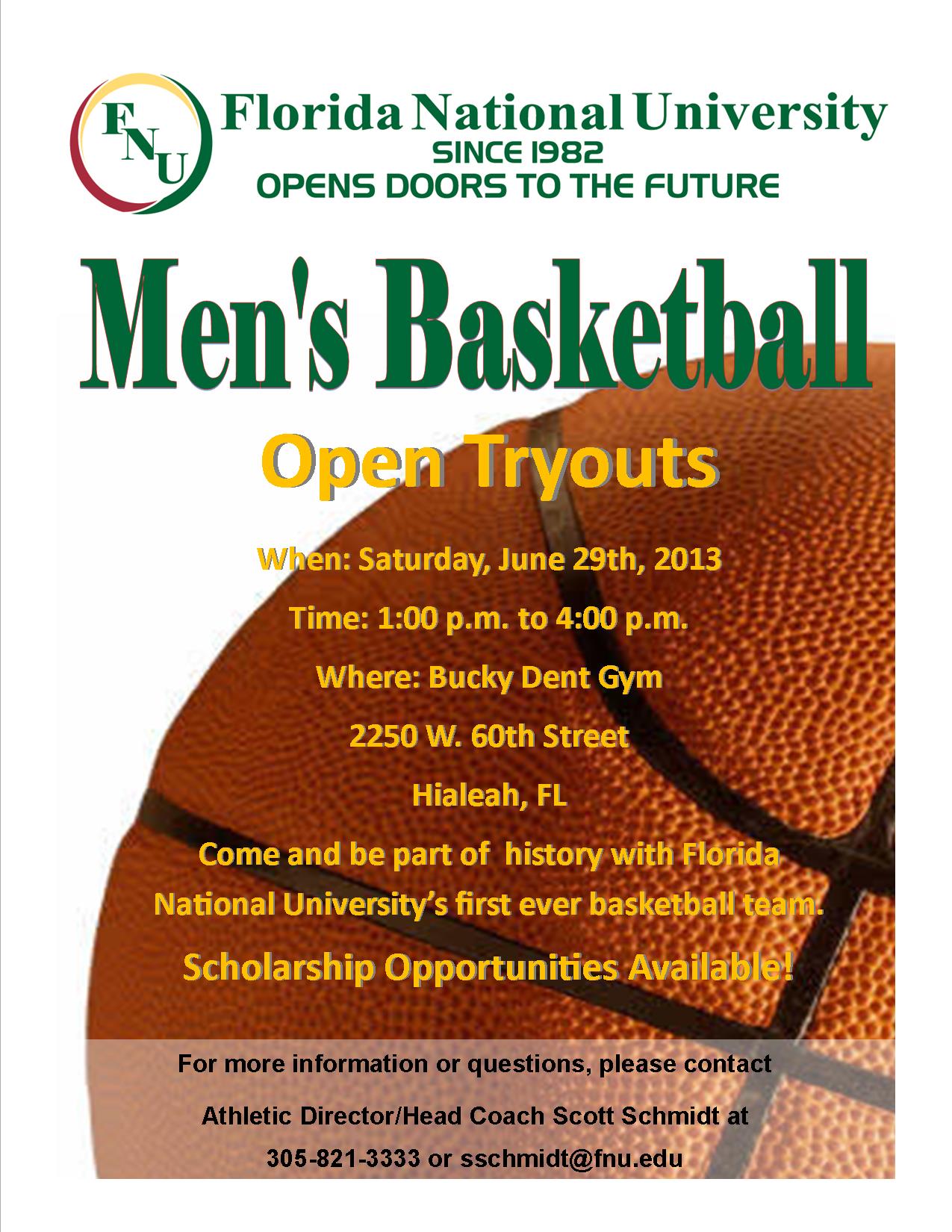 Men’s Basketball Open Tryouts at Florida National University 6/29/13